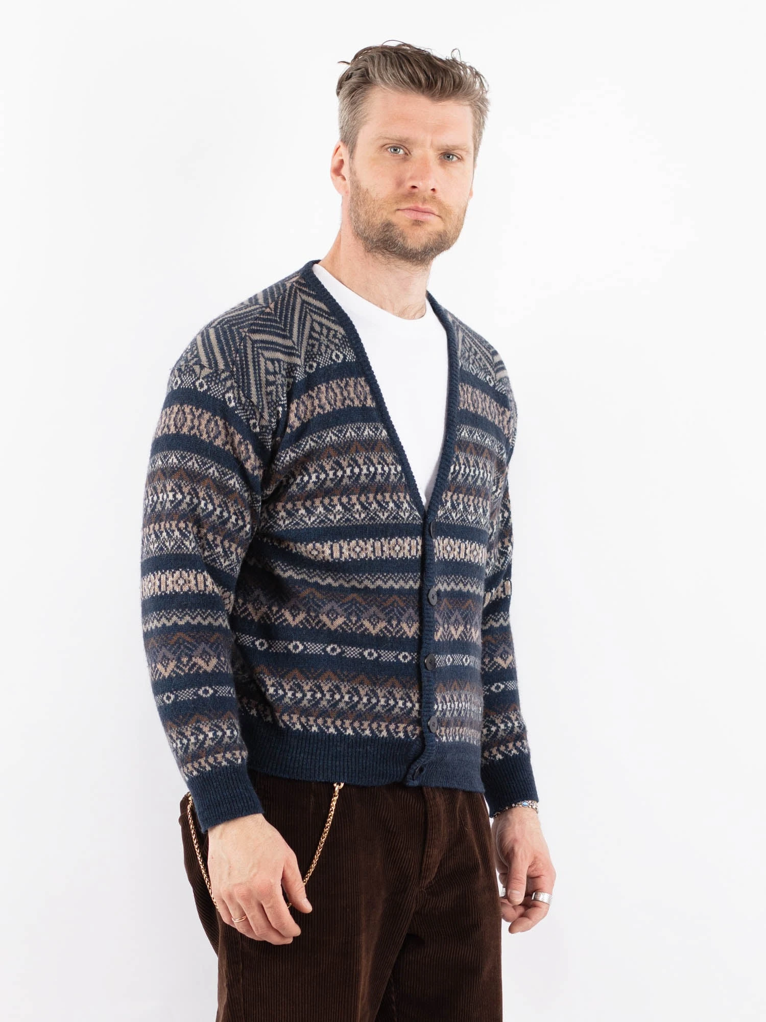 Vintage 90's Men Patterned Cardigan In Blue 4 Vintage 90's Men Patterned Cardigan In Blue - Image 4