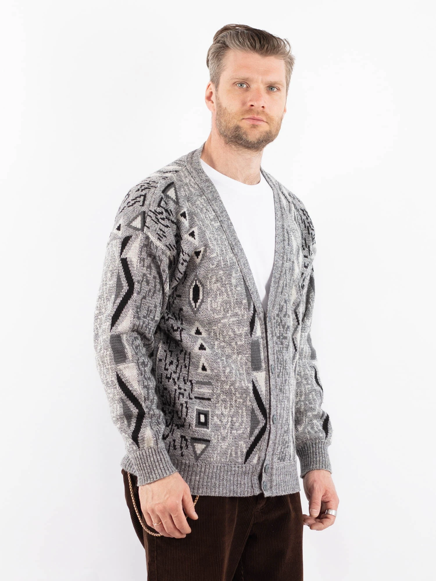Vintage 90's Men Patterned Cardigan In Gray 4 Vintage 90's Men Patterned Cardigan In Gray - Image 4