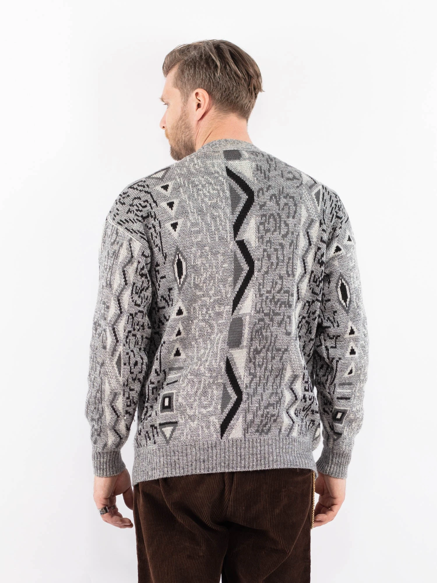 Vintage 90's Men Patterned Cardigan In Gray 2 Vintage 90's Men Patterned Cardigan In Gray - Image 2
