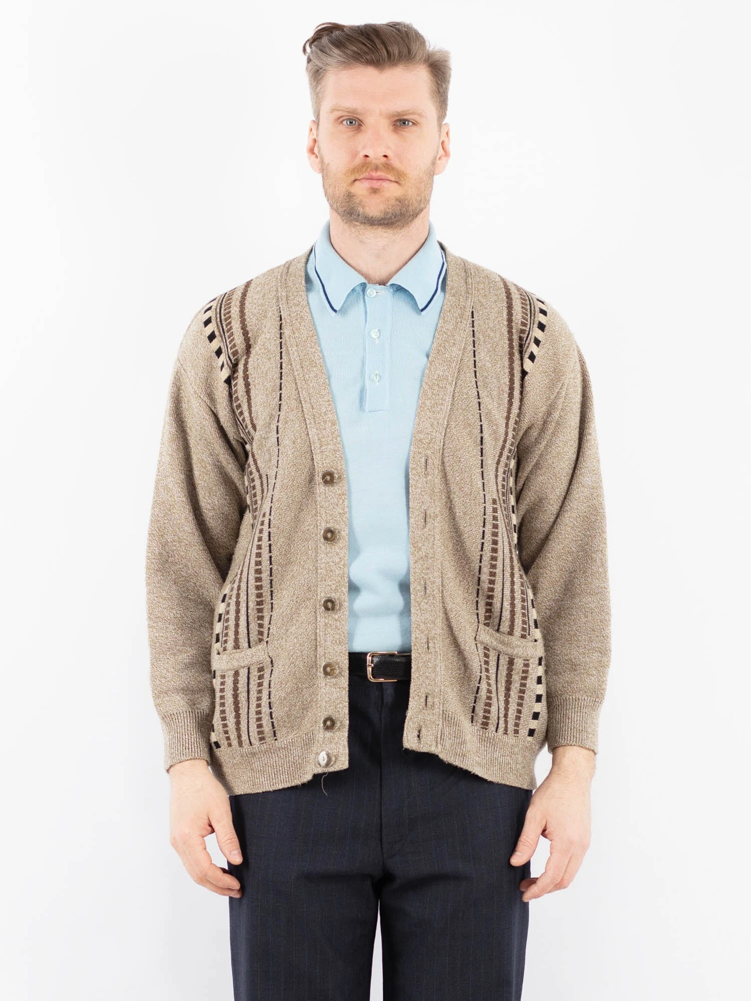 Vintage 90's Men Patterned Cardigan In Beige 1 Vintage 90's Men Patterned Cardigan In Beige