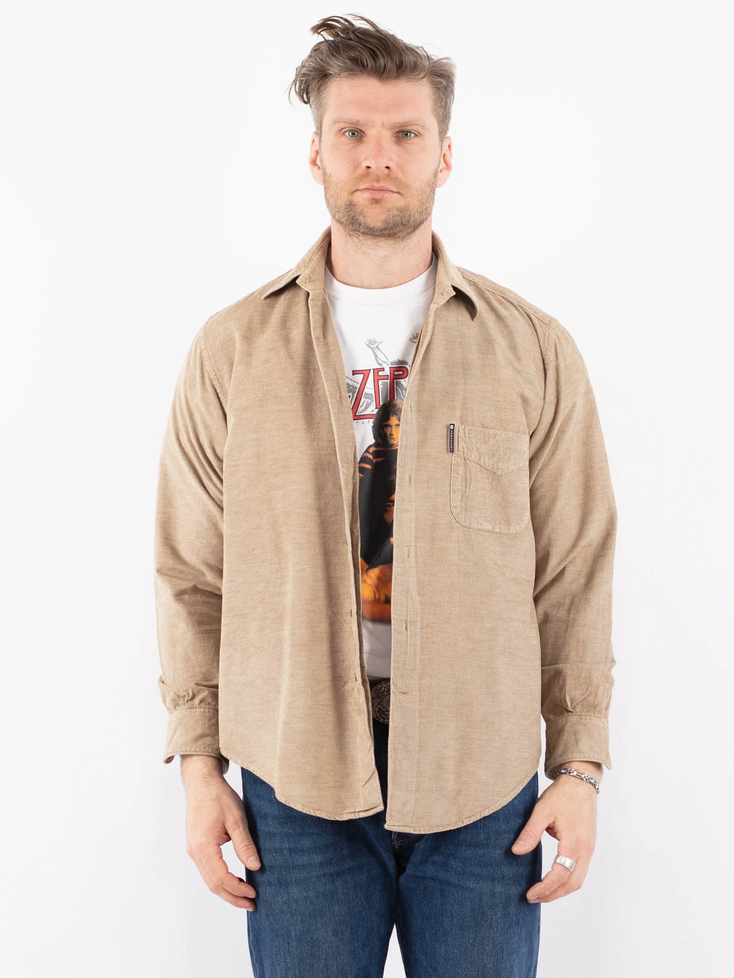 Vintage 90's Men Corduroy Shirt In Beige 1 Vintage 90's Men Corduroy Shirt In Beige