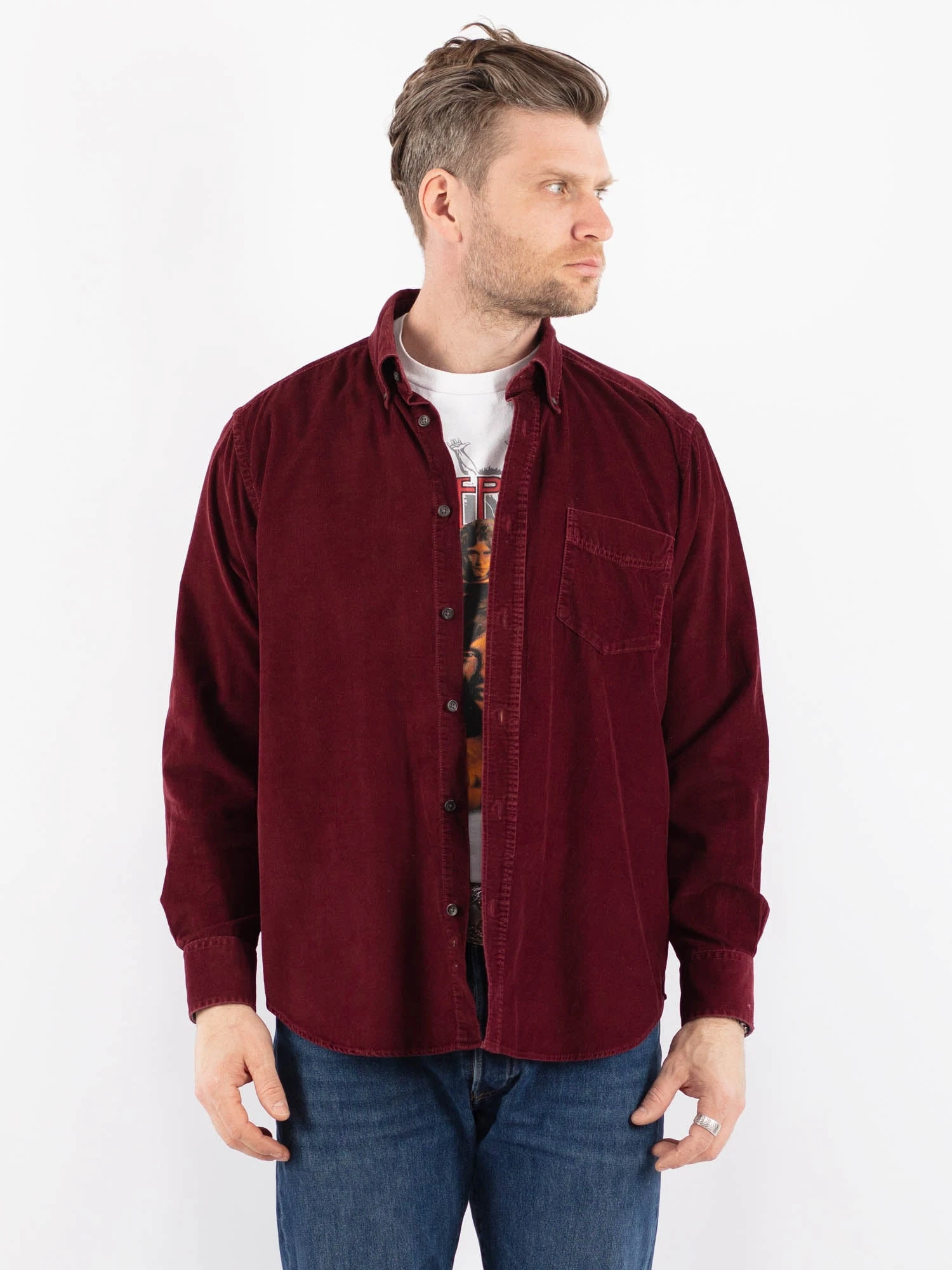 Vintage 90's Men Corduroy Shirt In Burgundy Red