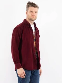 Vintage 90's Men Corduroy Shirt In Burgundy Red -Northern Grip Vintage 90s Men Corduroy Shirt 0657