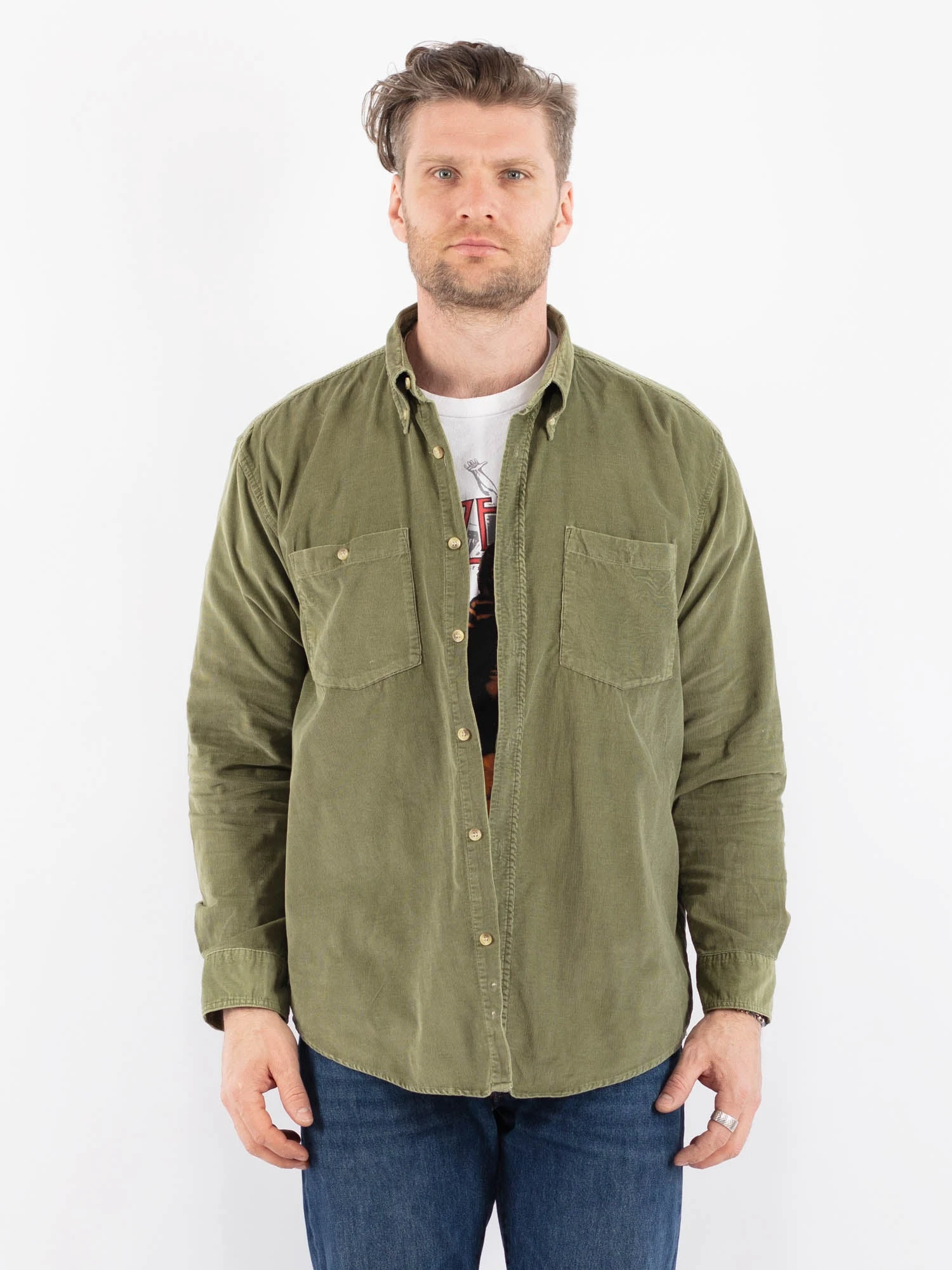 Vintage 90's Men Corduroy Shirt In Green