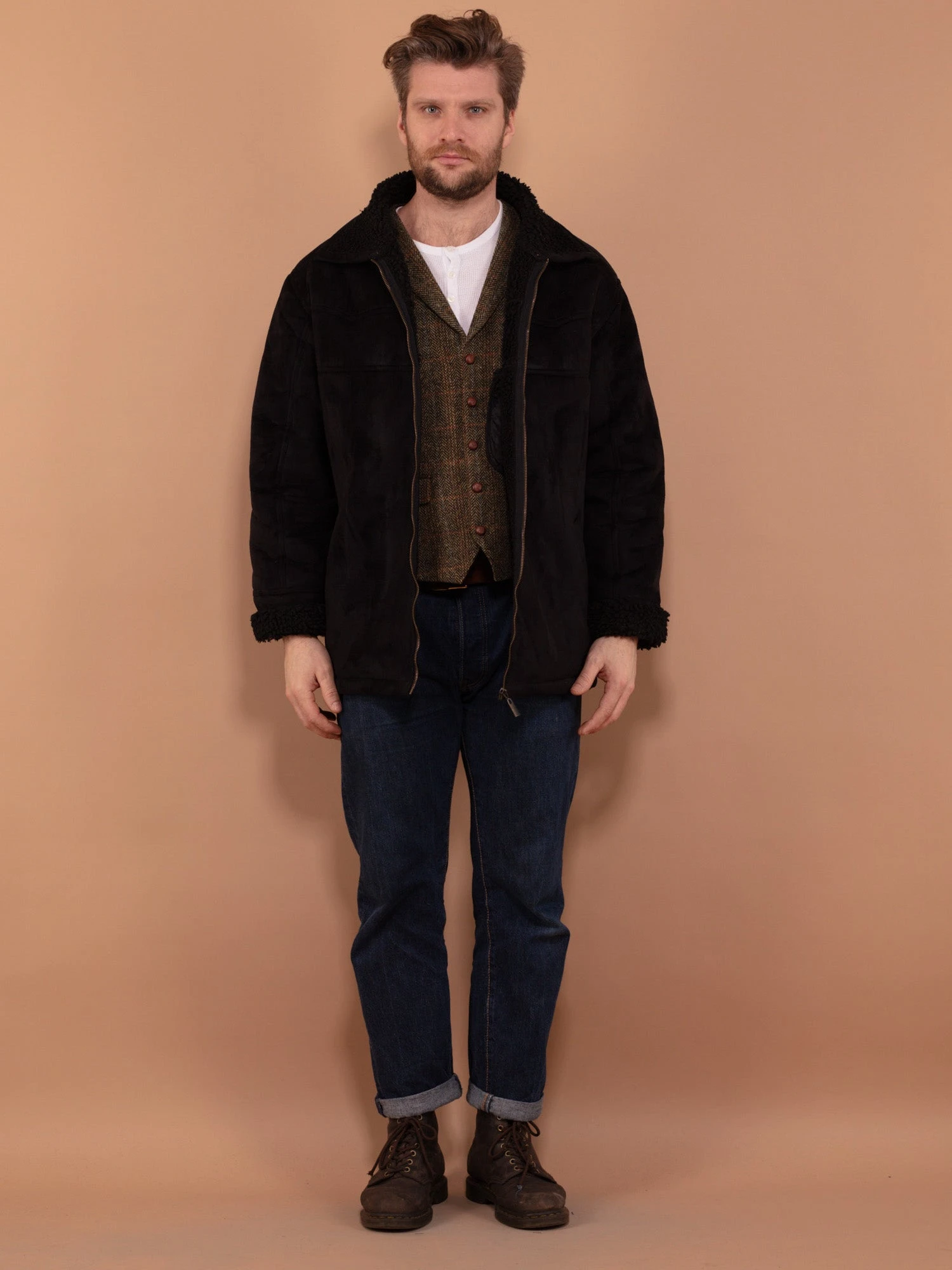 Vintage 90's Men Faux Shearling Jacket In Black 1 Vintage 90's Men Faux Shearling Jacket In Black