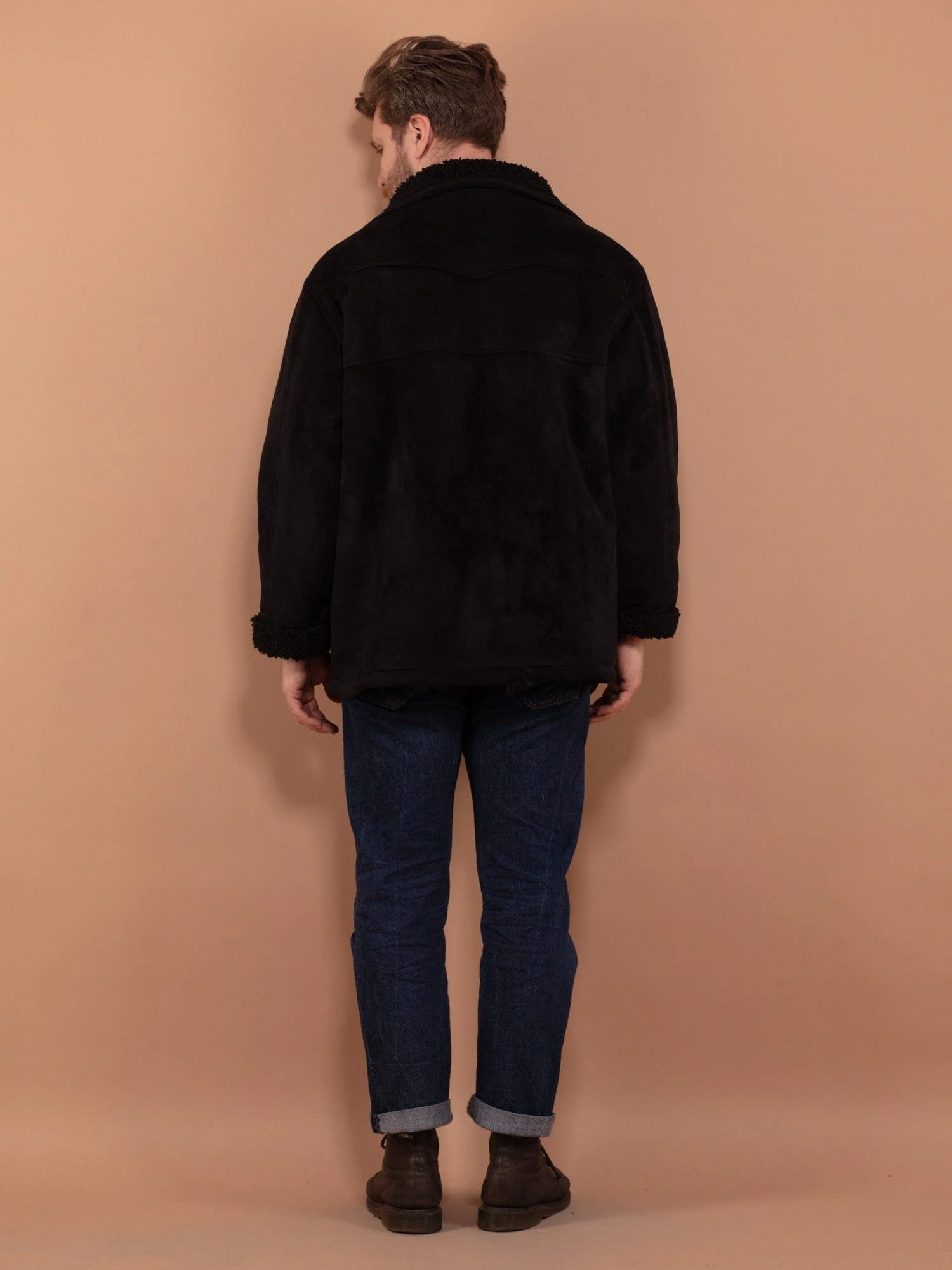 Vintage 90's Men Faux Shearling Jacket In Black 2 Vintage 90's Men Faux Shearling Jacket In Black - Image 2