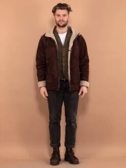 Vintage 90's Men Faux Sheepskin Bomber Jacket In Brown