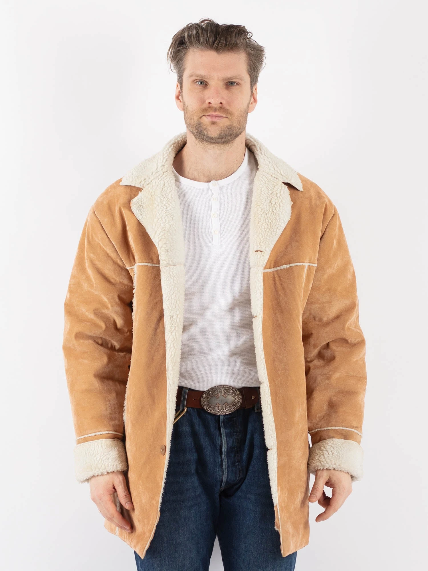 Vintage 90's Men Faux Sheepskin Coat In Beige 1 Vintage 90's Men Faux Sheepskin Coat In Beige