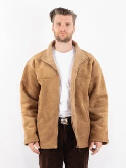 Vintage 90's Men Faux Sheepskin Jacket In Beige