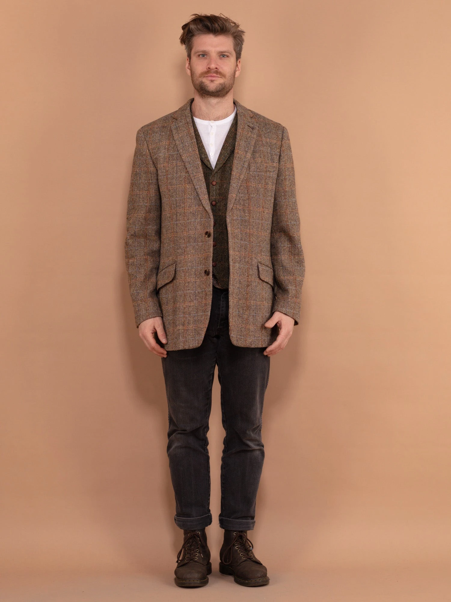 Vintage 90's Men Harris Tweed Blazer In Beige Brown 1 Vintage 90's Men Harris Tweed Blazer In Beige Brown