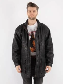 Vintage 80's Men Leather Coat In Black
