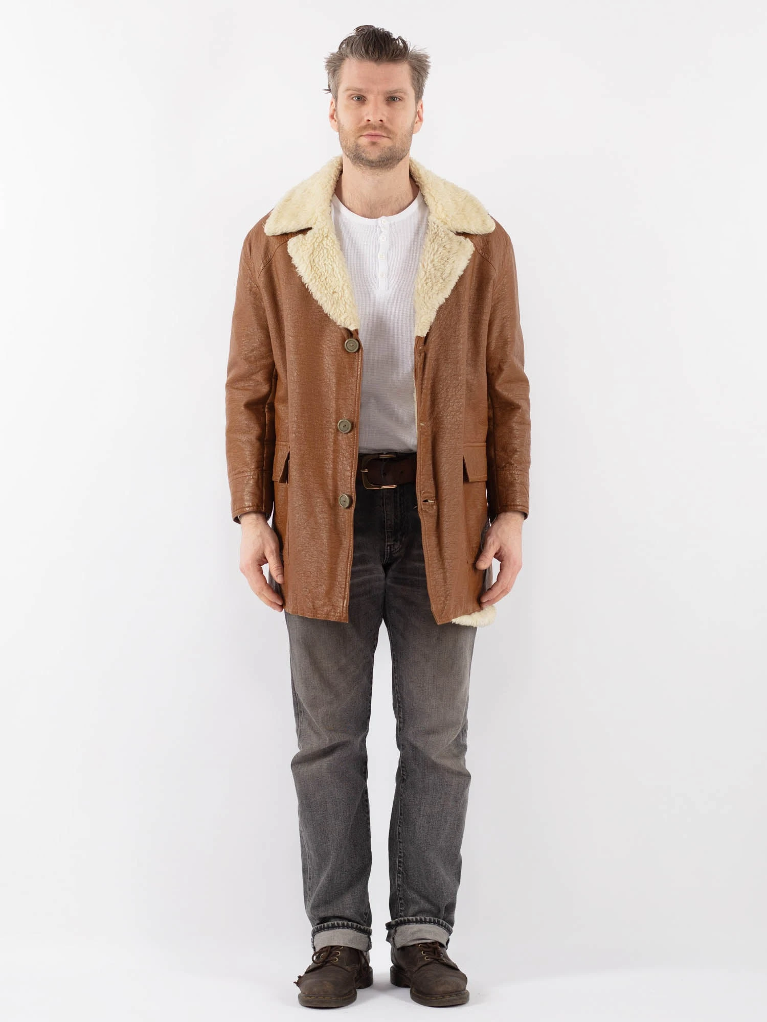 Vintage 90's Men Leather Sherpa Coat In Brown 1 Vintage 90's Men Leather Sherpa Coat In Brown