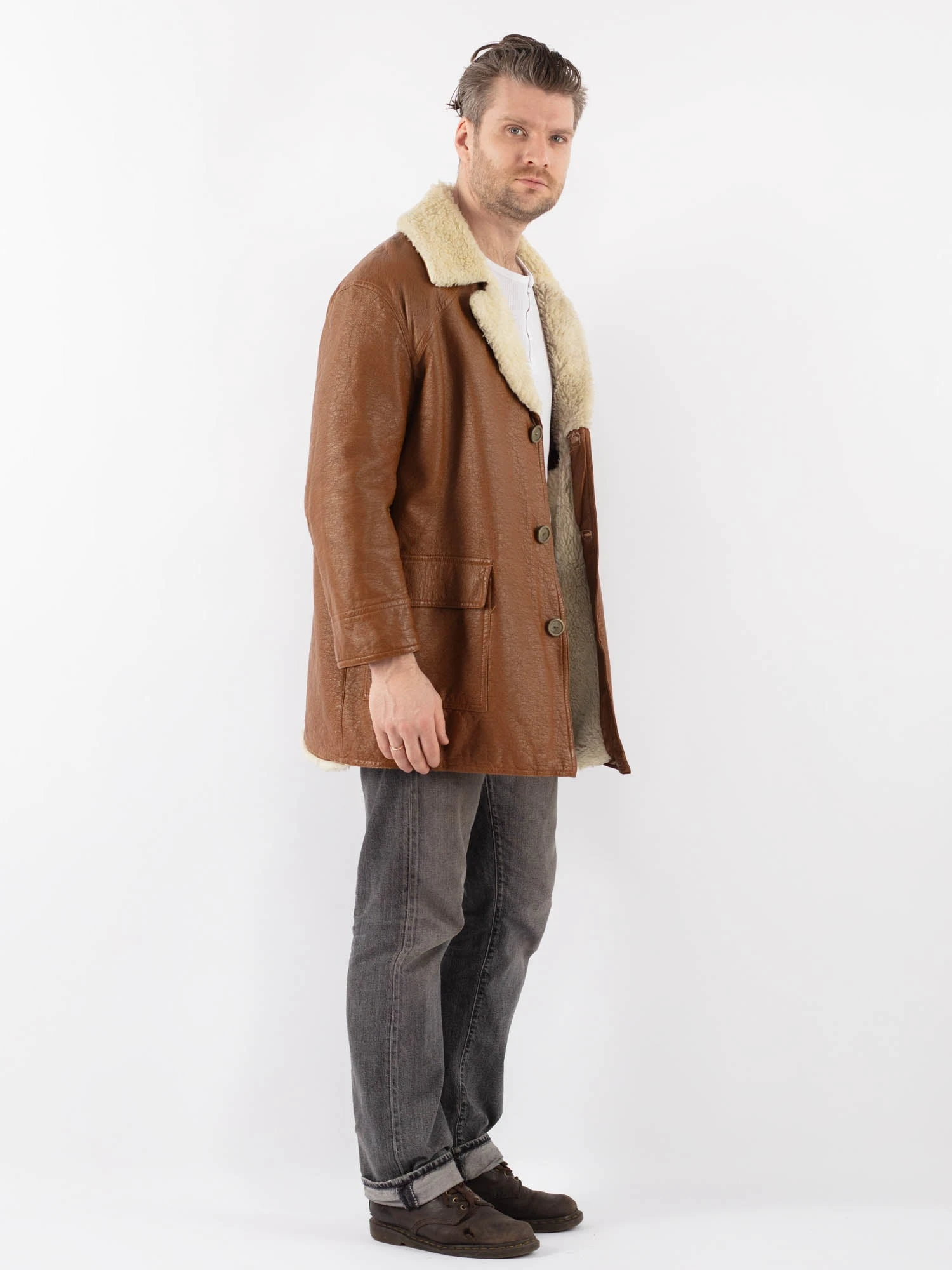 Vintage 90's Men Leather Sherpa Coat In Brown 3 Vintage 90's Men Leather Sherpa Coat In Brown - Image 3