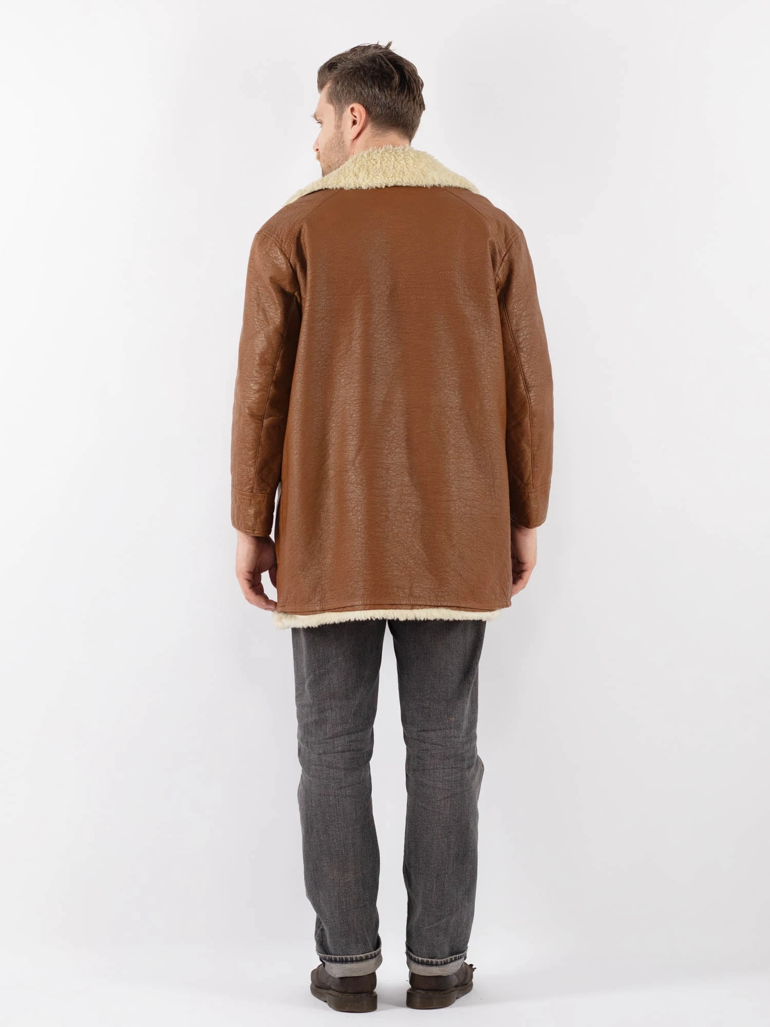 Vintage 90's Men Leather Sherpa Coat In Brown 2 Vintage 90's Men Leather Sherpa Coat In Brown - Image 2