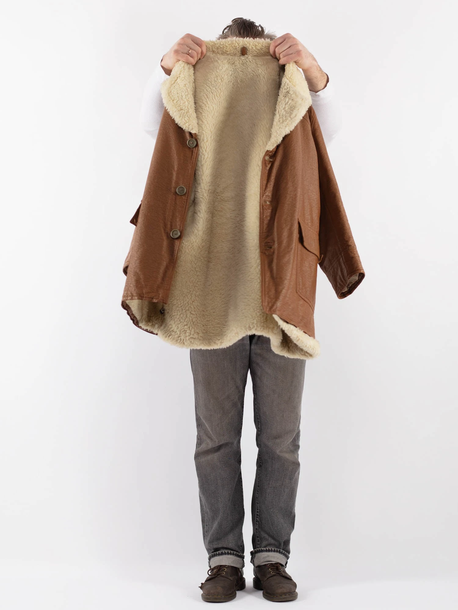 Vintage 90's Men Leather Sherpa Coat In Brown 4 Vintage 90's Men Leather Sherpa Coat In Brown - Image 4