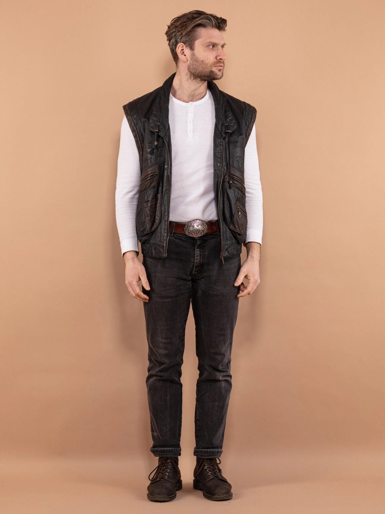 Vintage 90's Men Leather Vest In Black 1 Vintage 90's Men Leather Vest In Black