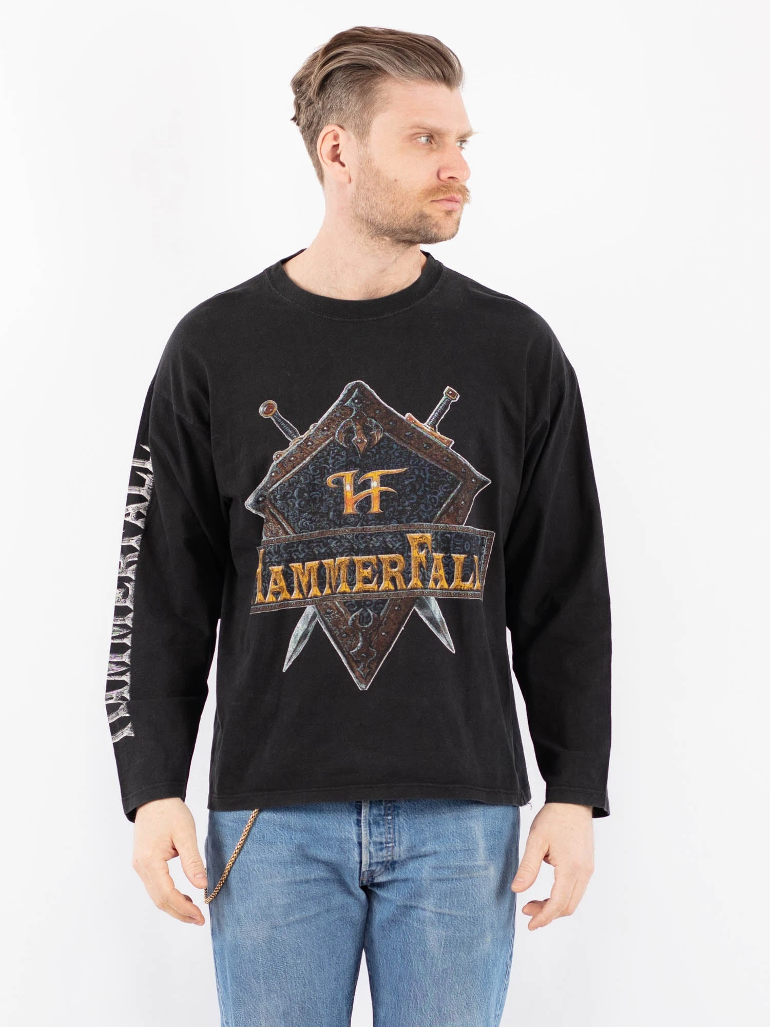 Vintage 90's Men HammerFall Print Long Sleeve Shirt In Gray 1 Vintage 90's Men HammerFall Print Long Sleeve Shirt In Gray