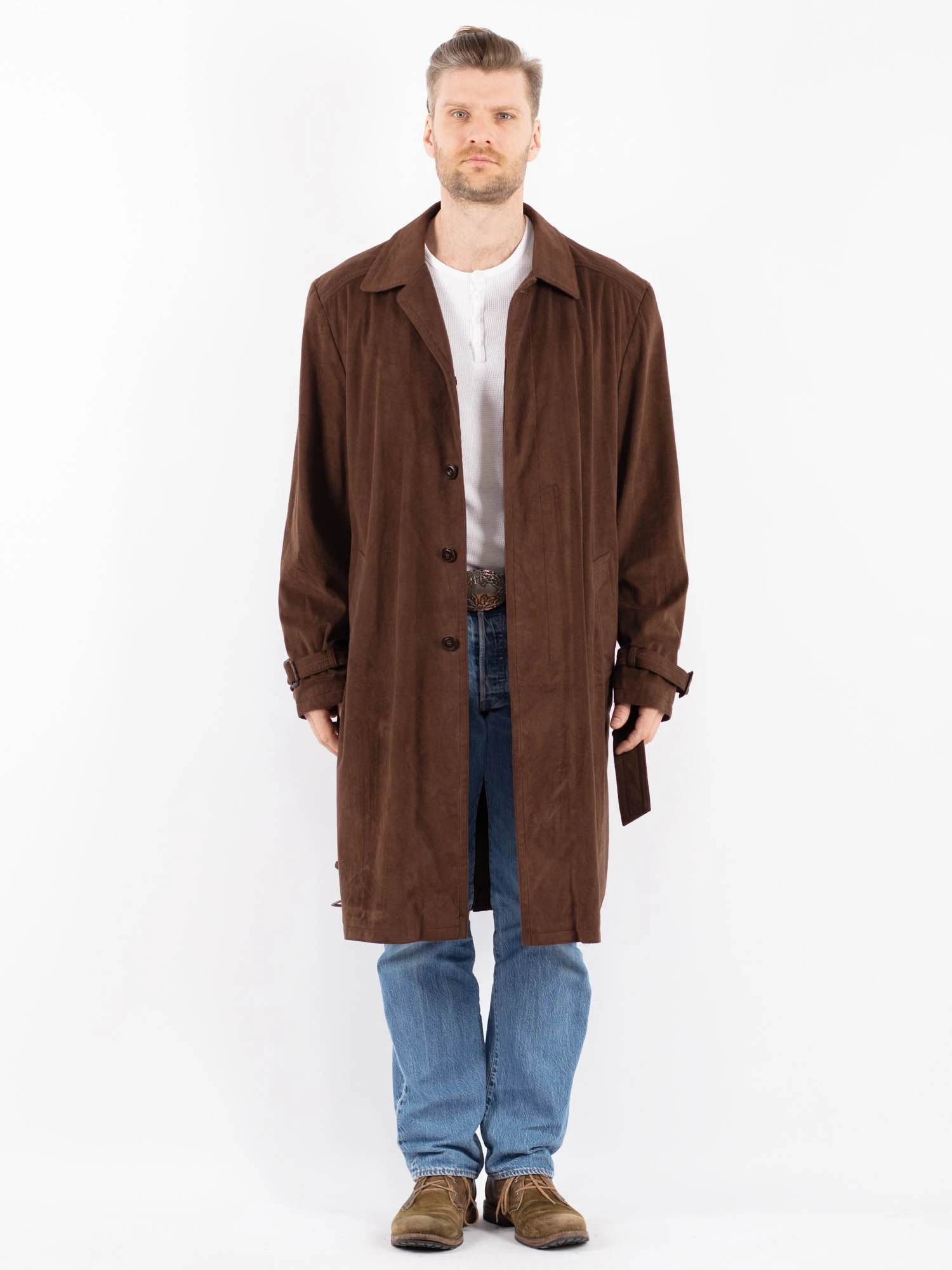 Vintage 90's Men Faux Suede Mac Coat In Brown 1 Vintage 90's Men Faux Suede Mac Coat In Brown