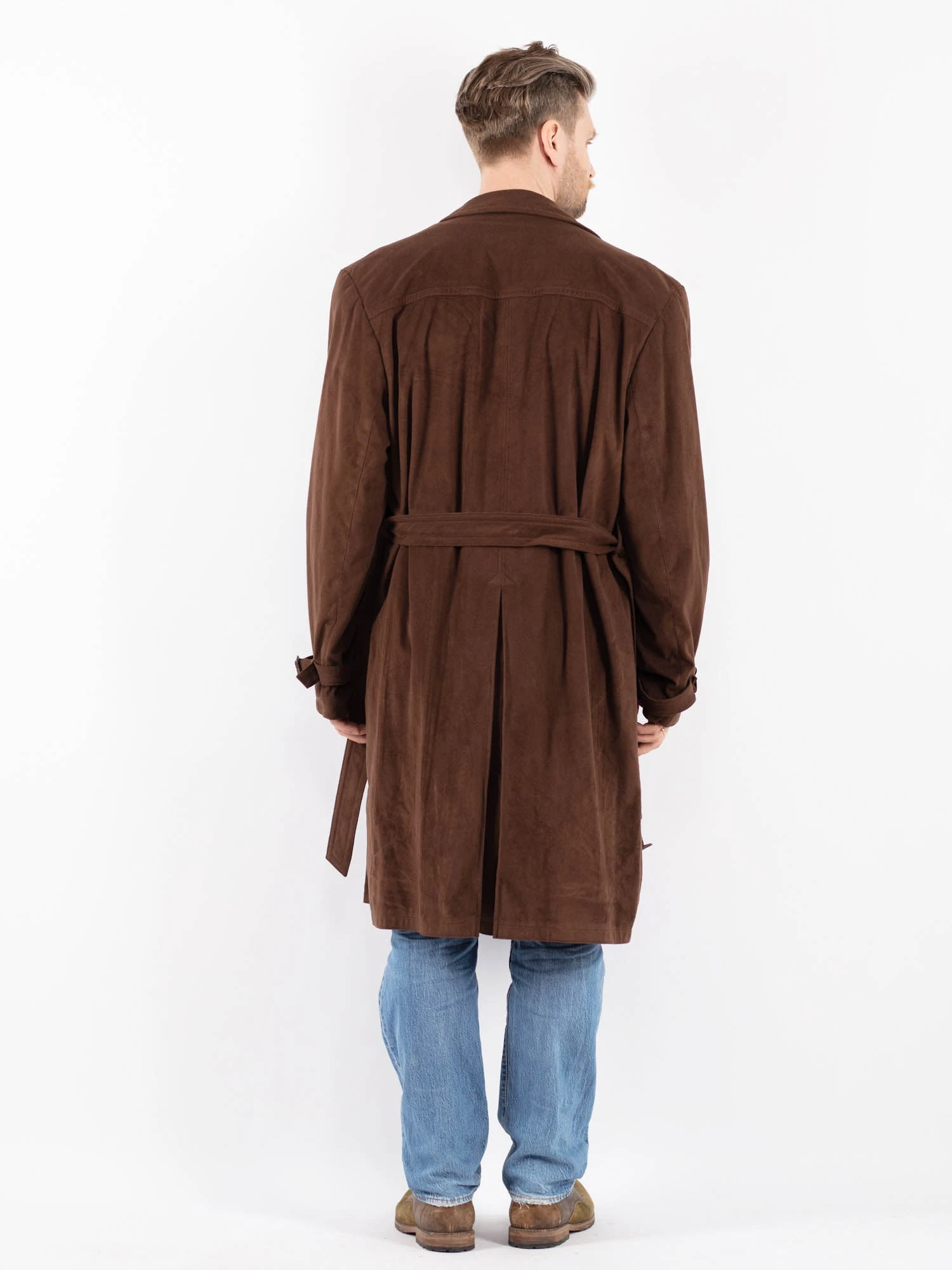 Vintage 90's Men Faux Suede Mac Coat In Brown 2 Vintage 90's Men Faux Suede Mac Coat In Brown - Image 2