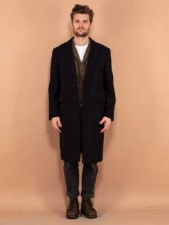 Vintage 90's Men Pure New Wool Coat In Navy Blue