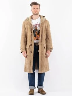 Vintage 90's Men Hooded Sheepskin Coat In Beige