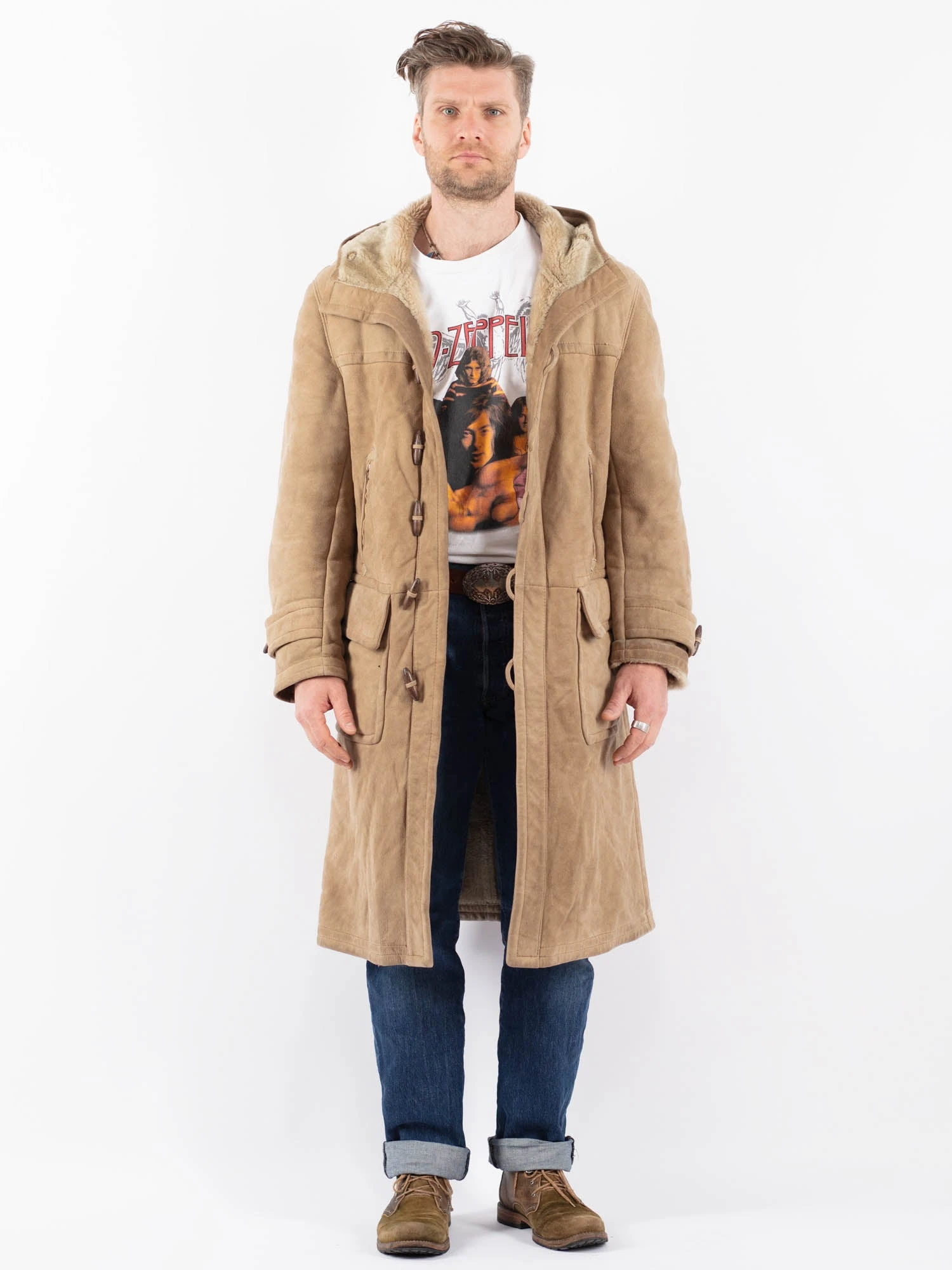 Vintage 90's Men Hooded Sheepskin Coat In Beige 1 Vintage 90's Men Hooded Sheepskin Coat In Beige