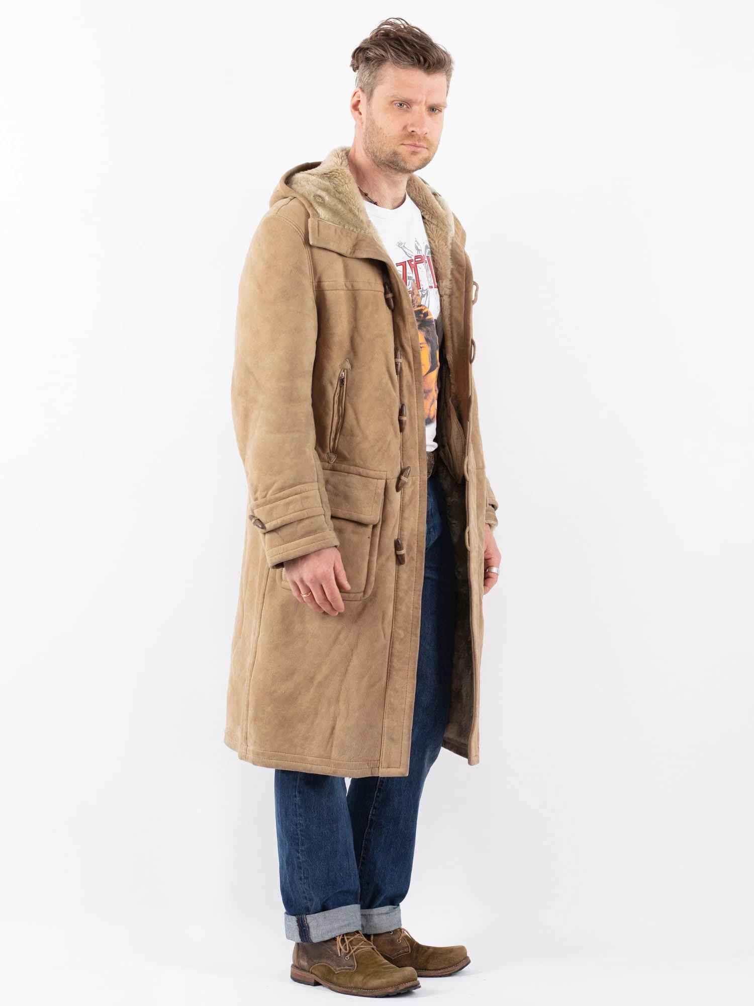 Vintage 90's Men Hooded Sheepskin Coat In Beige 3 Vintage 90's Men Hooded Sheepskin Coat In Beige - Image 3