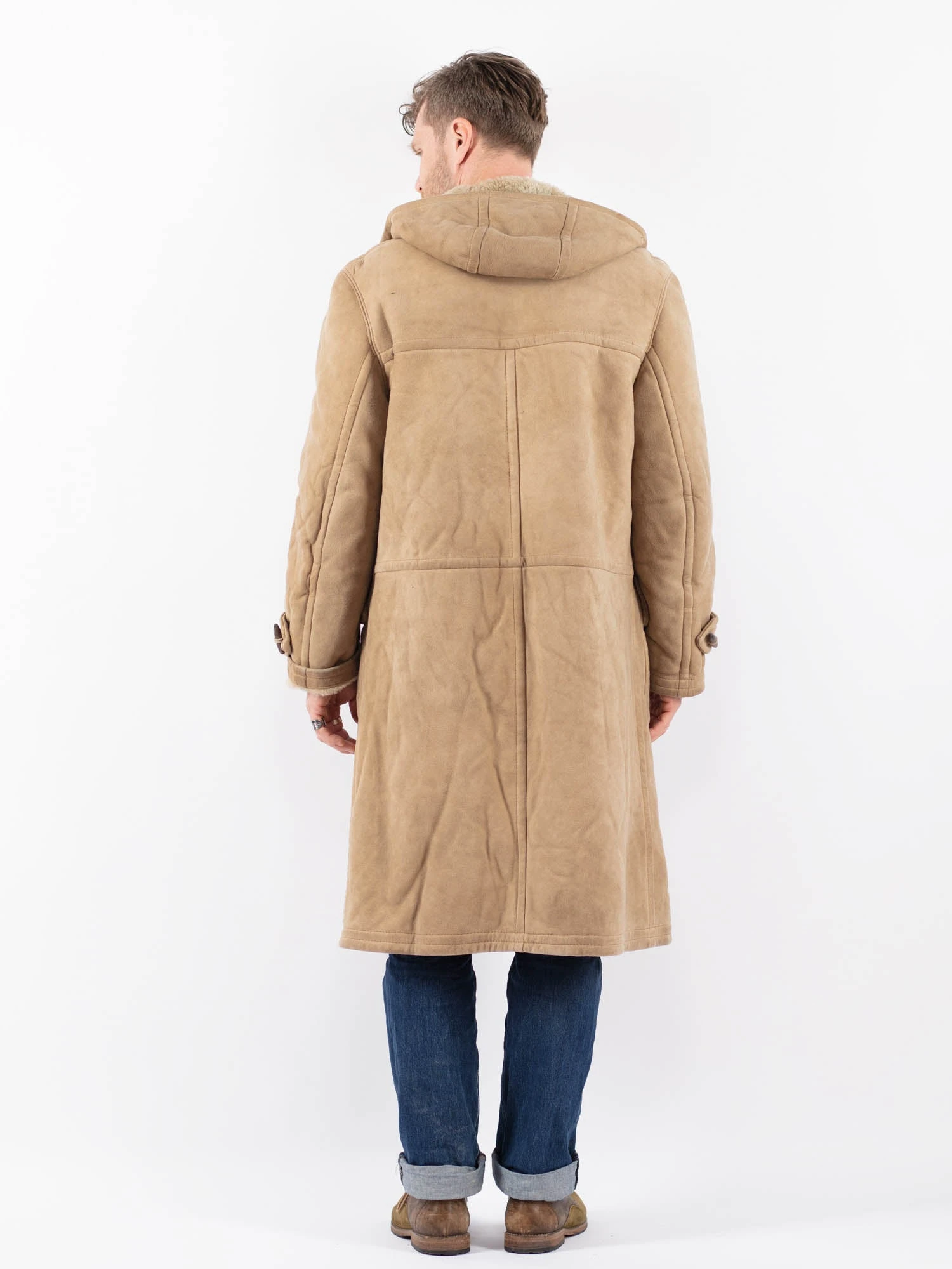 Vintage 90's Men Hooded Sheepskin Coat In Beige 2 Vintage 90's Men Hooded Sheepskin Coat In Beige - Image 2