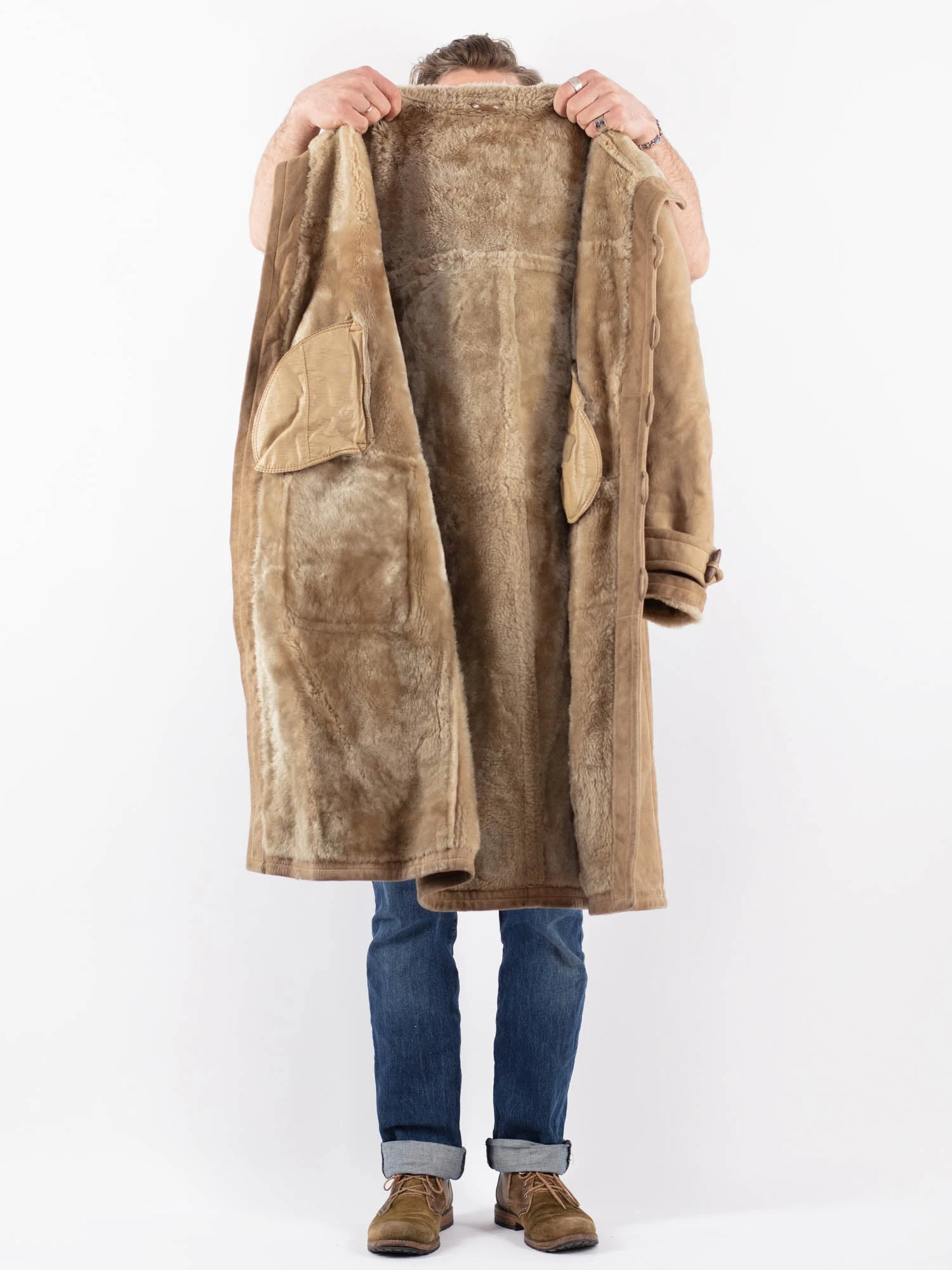 Vintage 90's Men Hooded Sheepskin Coat In Beige 4 Vintage 90's Men Hooded Sheepskin Coat In Beige - Image 4