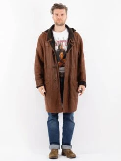 Vintage 00's Men Hooded Sheepskin Coat In Brown