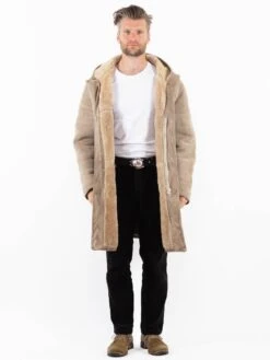 Vintage 80's Men Sheepskin Coat In Beige