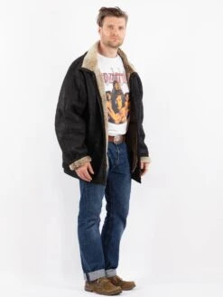 Vintage 90's Men Sheepskin Shearling Coat In Black -Northern Grip Vintage 90s Men Sheepskin Coat 0513