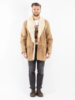 Vintage 90's Men Sheepskin Shearling Coat In Beige