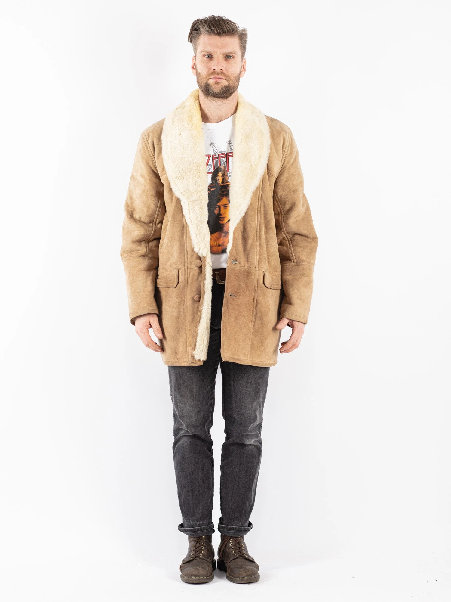 Vintage 90's Men Sheepskin Shearling Coat In Beige 1 Vintage 90's Men Sheepskin Shearling Coat In Beige