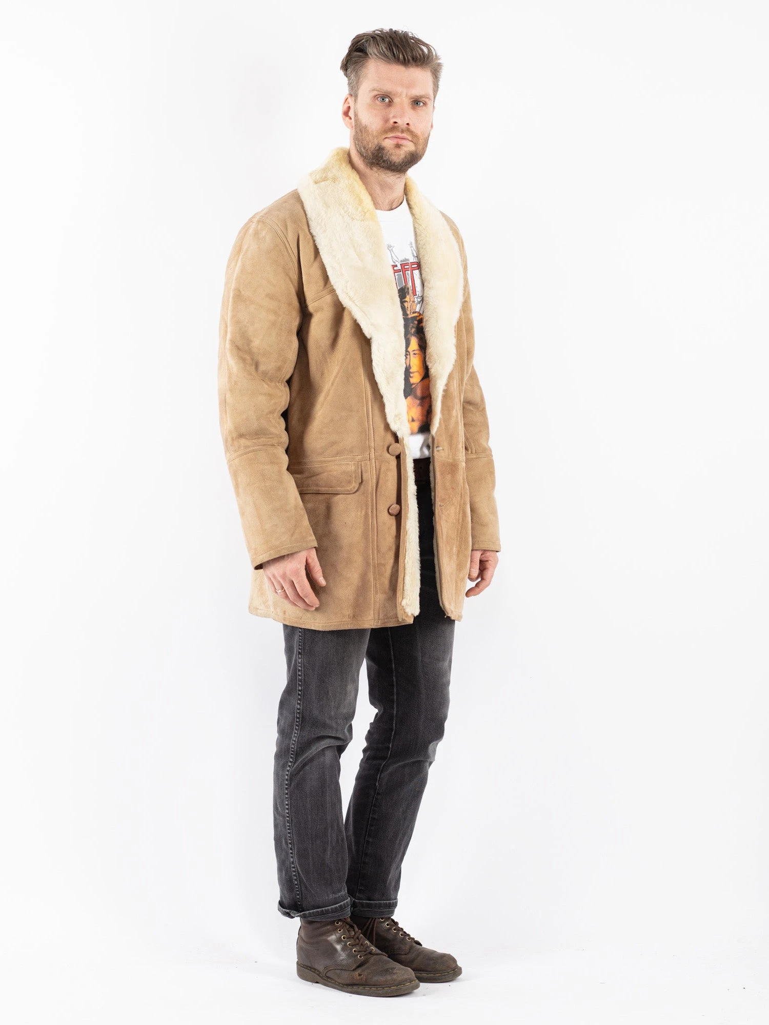 Vintage 90's Men Sheepskin Shearling Coat In Beige 3 Vintage 90's Men Sheepskin Shearling Coat In Beige - Image 3