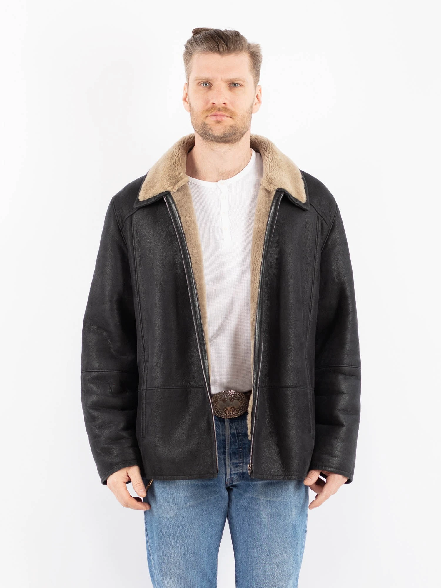 Vintage 90's Men Sheepskin Jacket In Black 1 Vintage 90's Men Sheepskin Jacket In Black