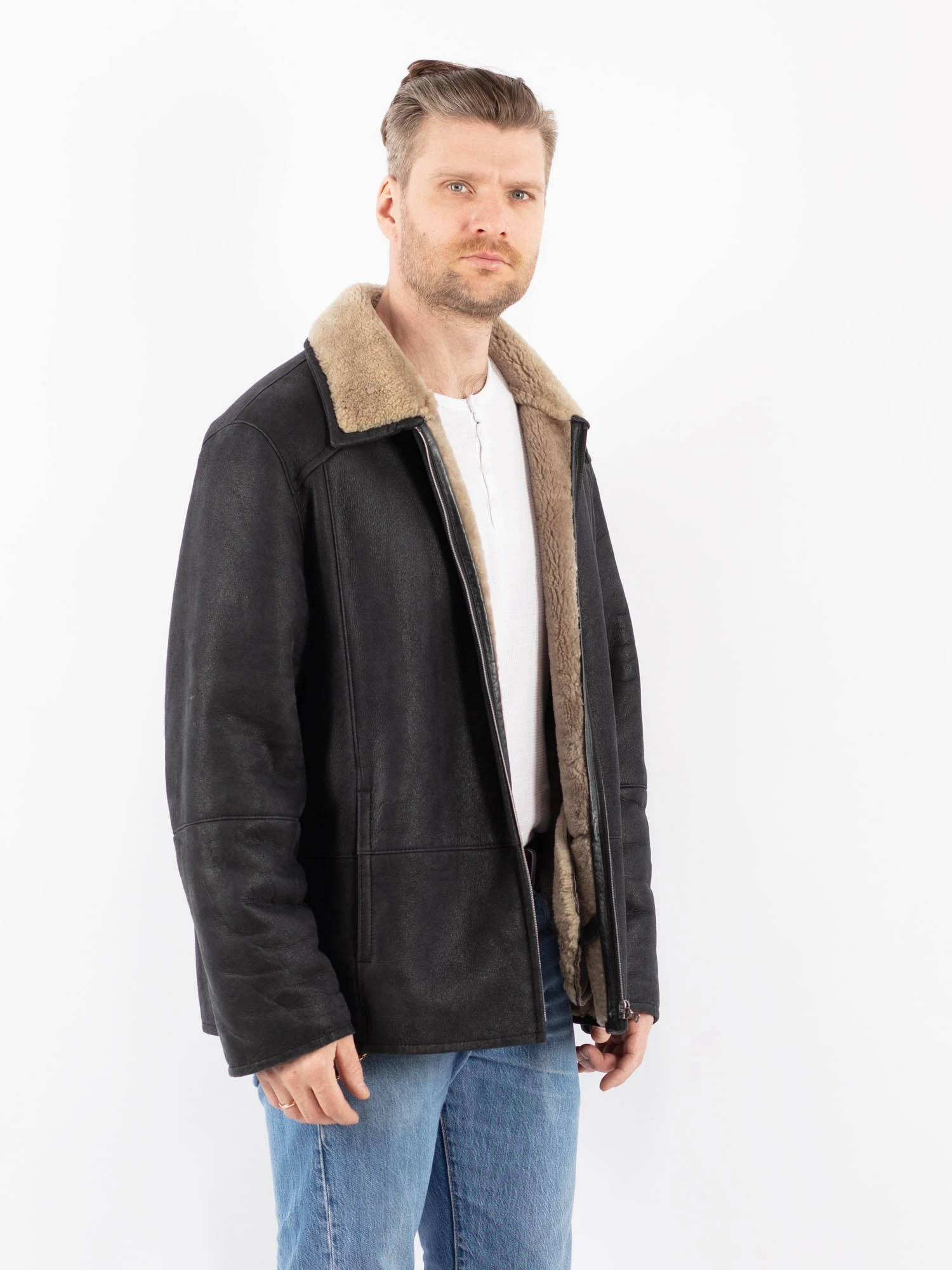 Vintage 90's Men Sheepskin Jacket In Black 3 Vintage 90's Men Sheepskin Jacket In Black - Image 3