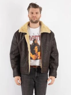 Vintage 90's Men Pilot Sheepskin Bomber Jacket In Brown