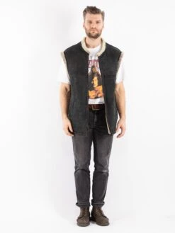 Vintage 90's Men Sheepskin Shearling Vest In Black