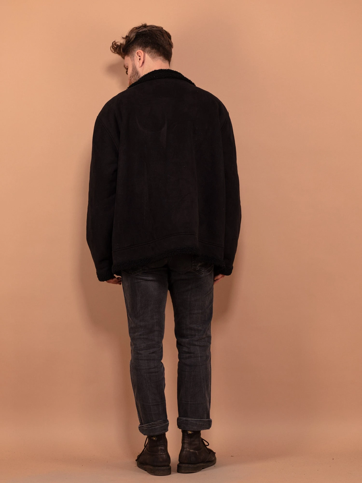 Vintage 90's Men Sherpa Bomber Jacket In Black 2 Vintage 90's Men Sherpa Bomber Jacket In Black - Image 2