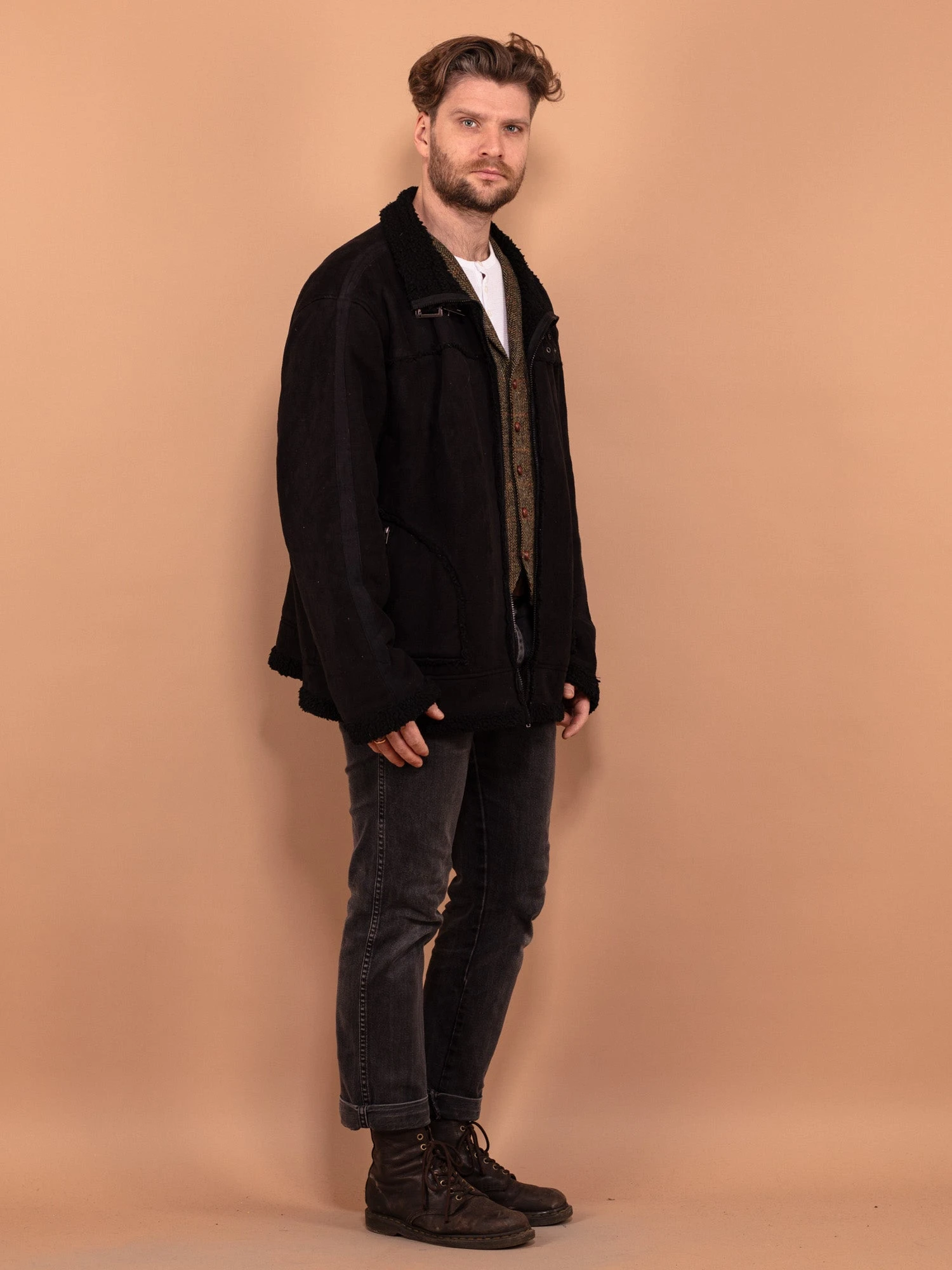 Vintage 90's Men Sherpa Bomber Jacket In Black 3 Vintage 90's Men Sherpa Bomber Jacket In Black - Image 3