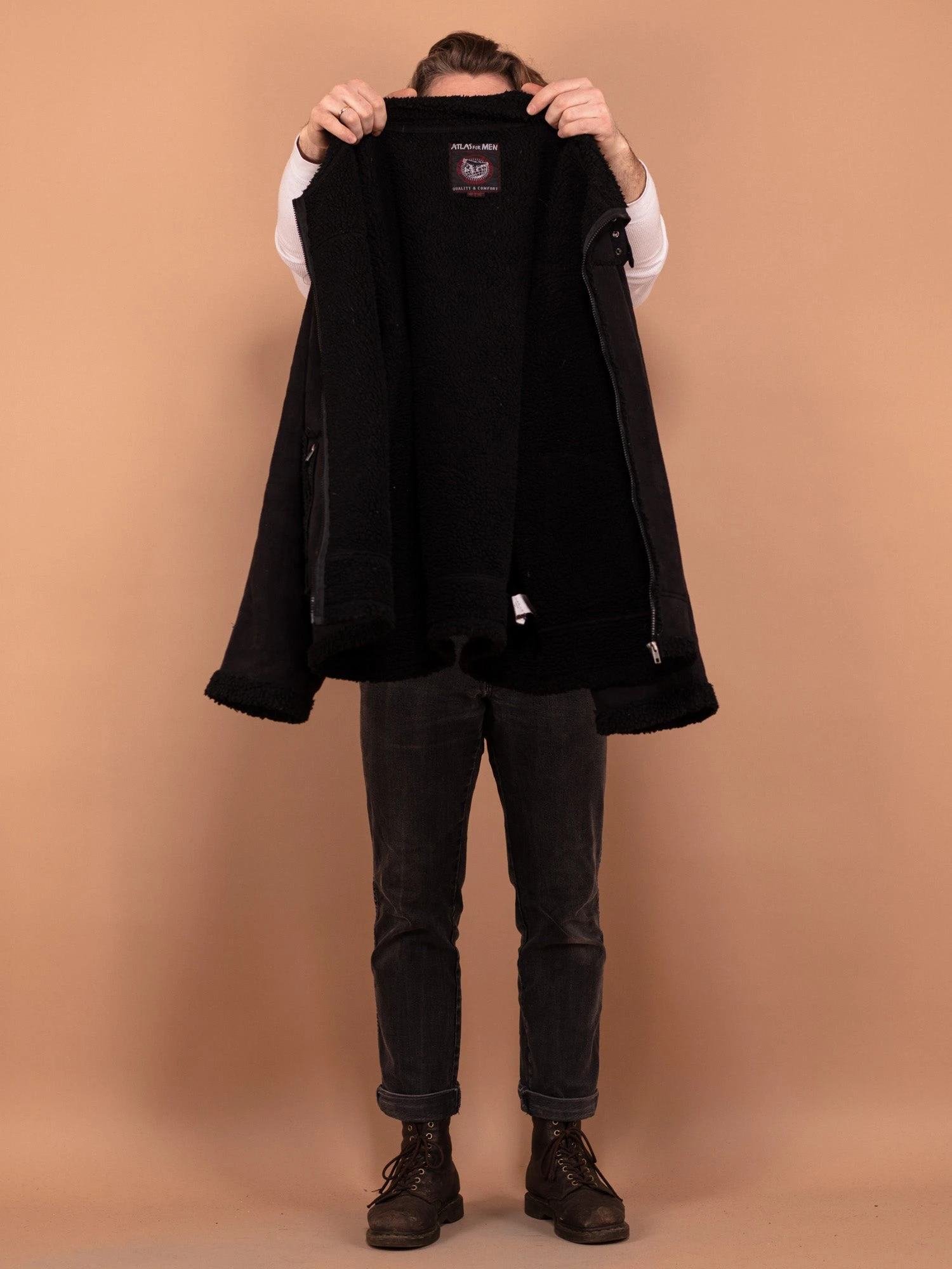 Vintage 90's Men Sherpa Bomber Jacket In Black 4 Vintage 90's Men Sherpa Bomber Jacket In Black - Image 4