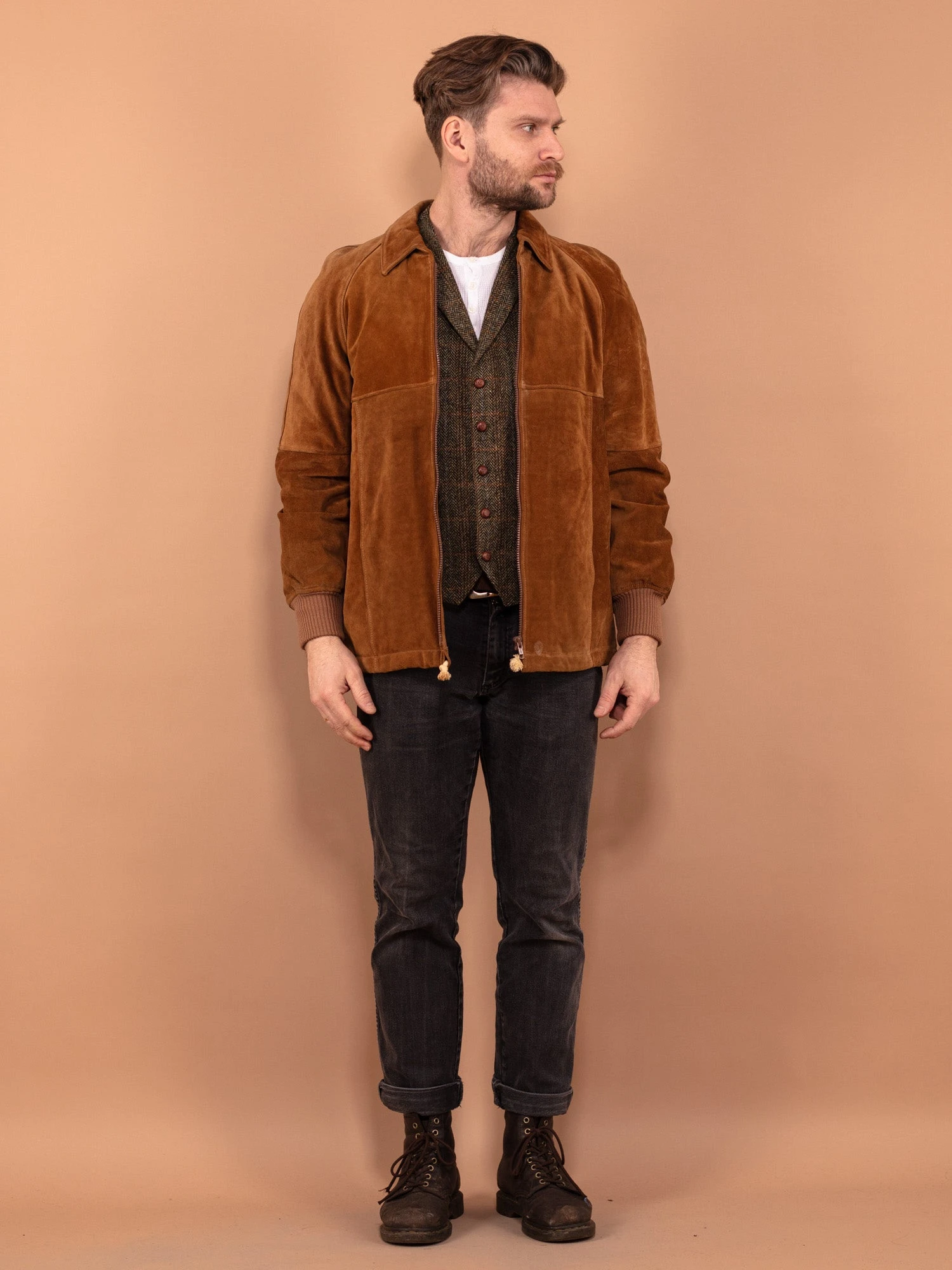 Vintage 90's Men Suede Bomber Jacket In Brown 1 Vintage 90's Men Suede Bomber Jacket In Brown