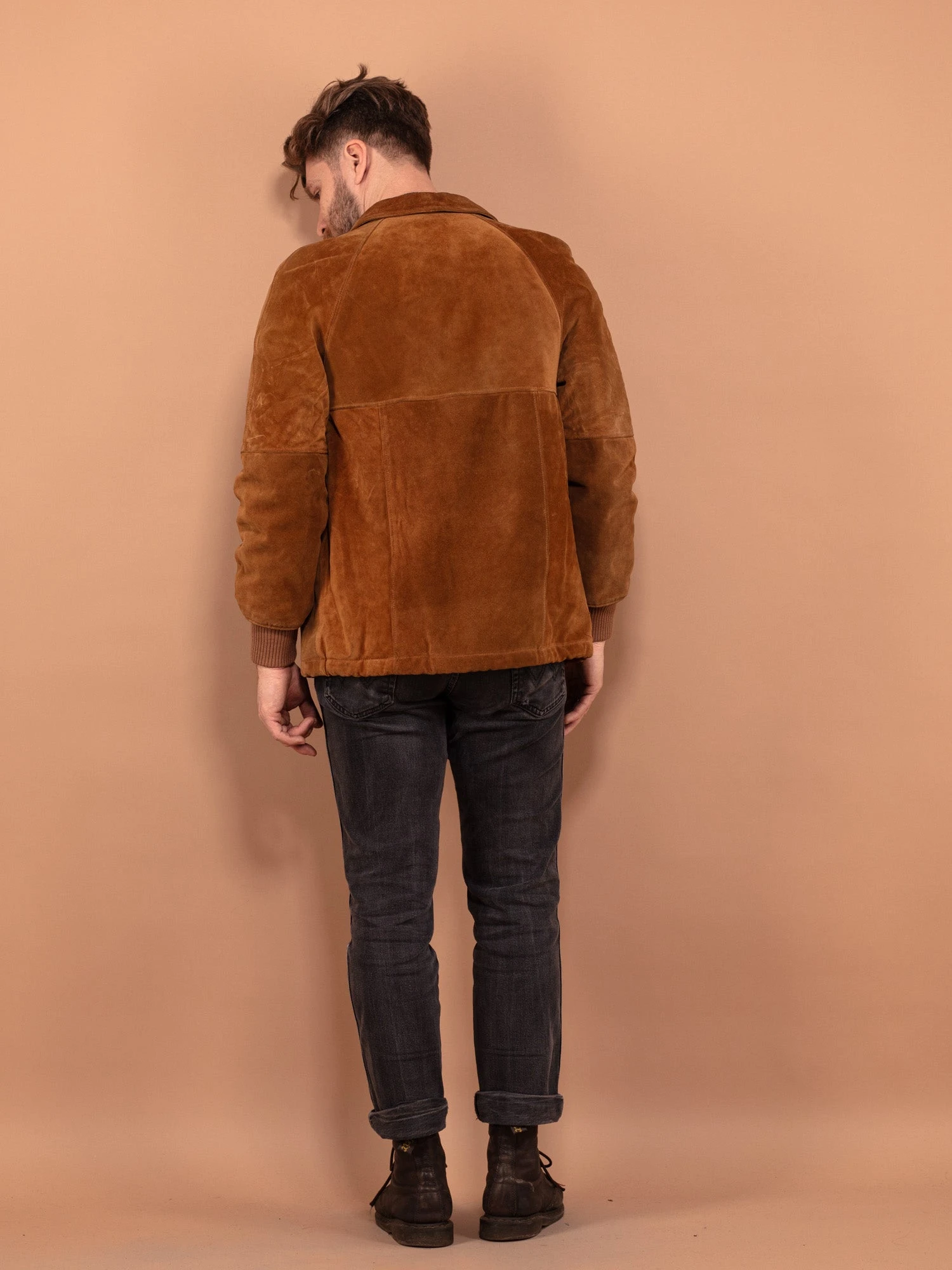 Vintage 90's Men Suede Bomber Jacket In Brown 2 Vintage 90's Men Suede Bomber Jacket In Brown - Image 2