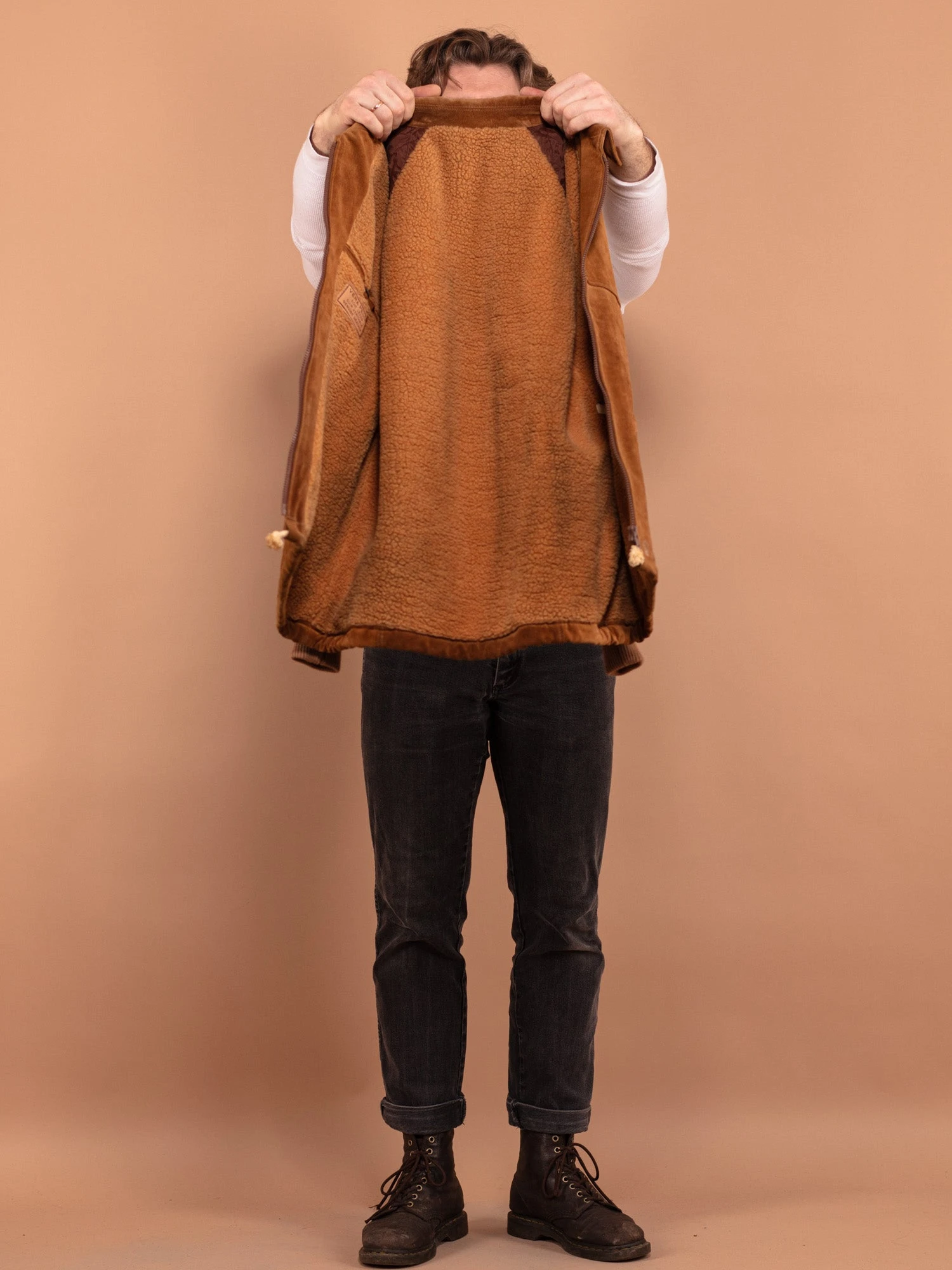 Vintage 90's Men Suede Bomber Jacket In Brown 4 Vintage 90's Men Suede Bomber Jacket In Brown - Image 4