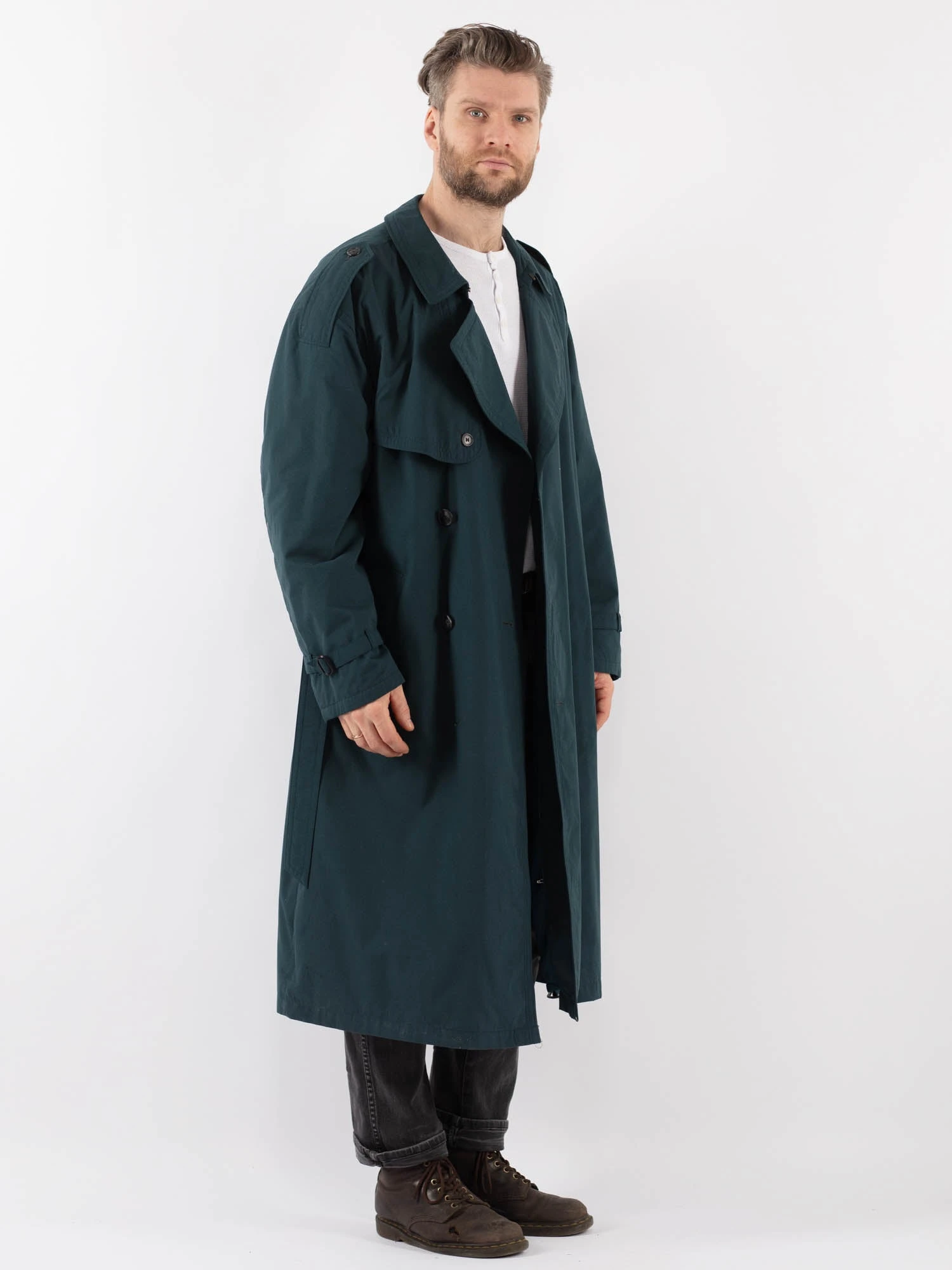 Vintage 70's Men Oversized Trench Coat In Teal Blue 2 Vintage 70's Men Oversized Trench Coat In Teal Blue - Image 2