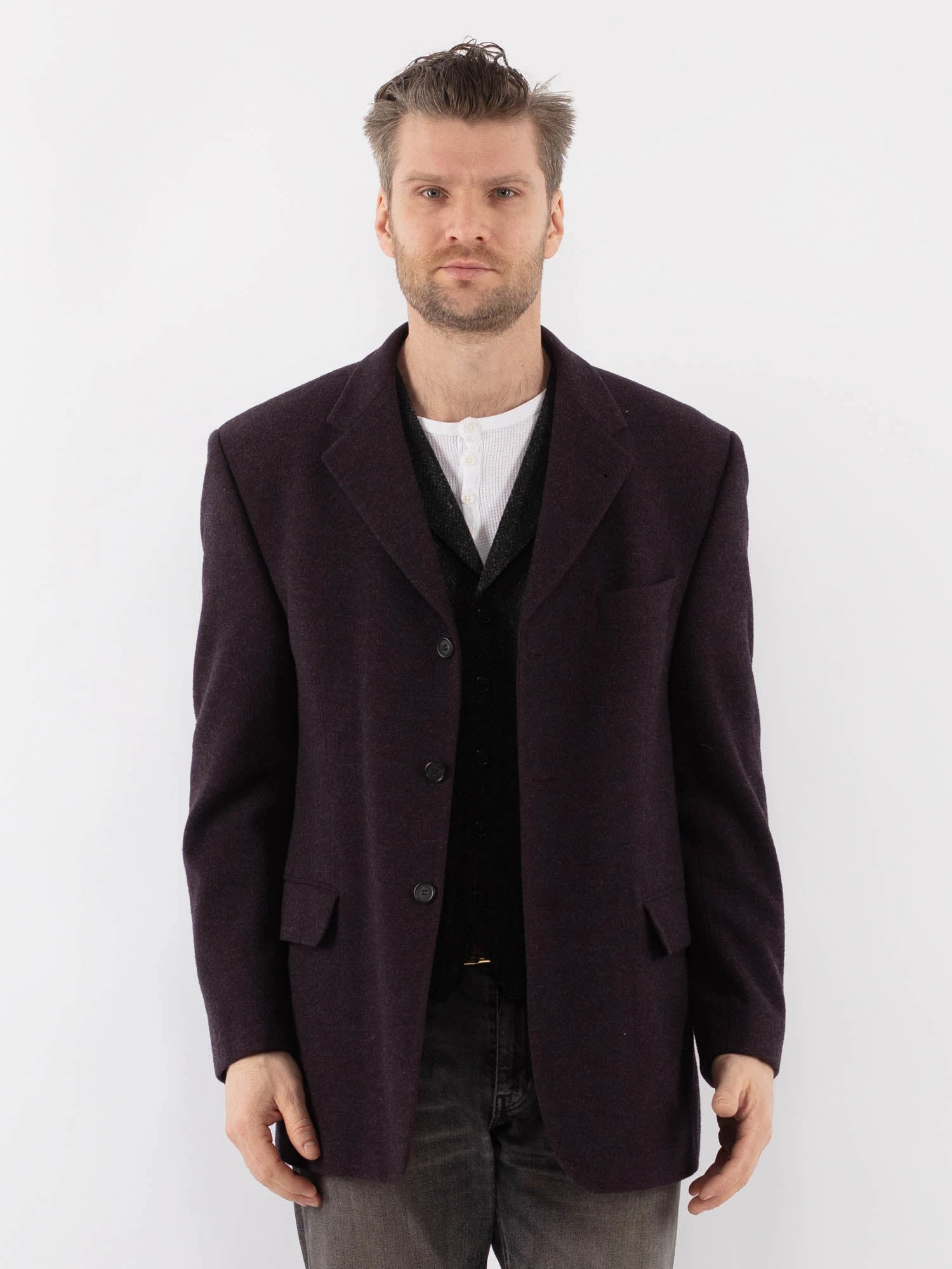 Vintage 90's Men Wool Blazer Jacket In Purple 1 Vintage 90's Men Wool Blazer Jacket In Purple