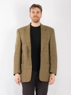 Vintage 90's Men Wool Blazer Jacket In Olive Green