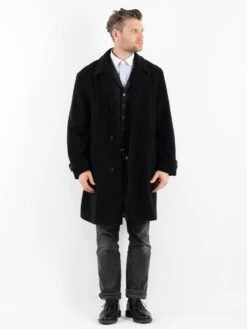 Vintage 90's Men Cashmere Wool Blend Coat In Black