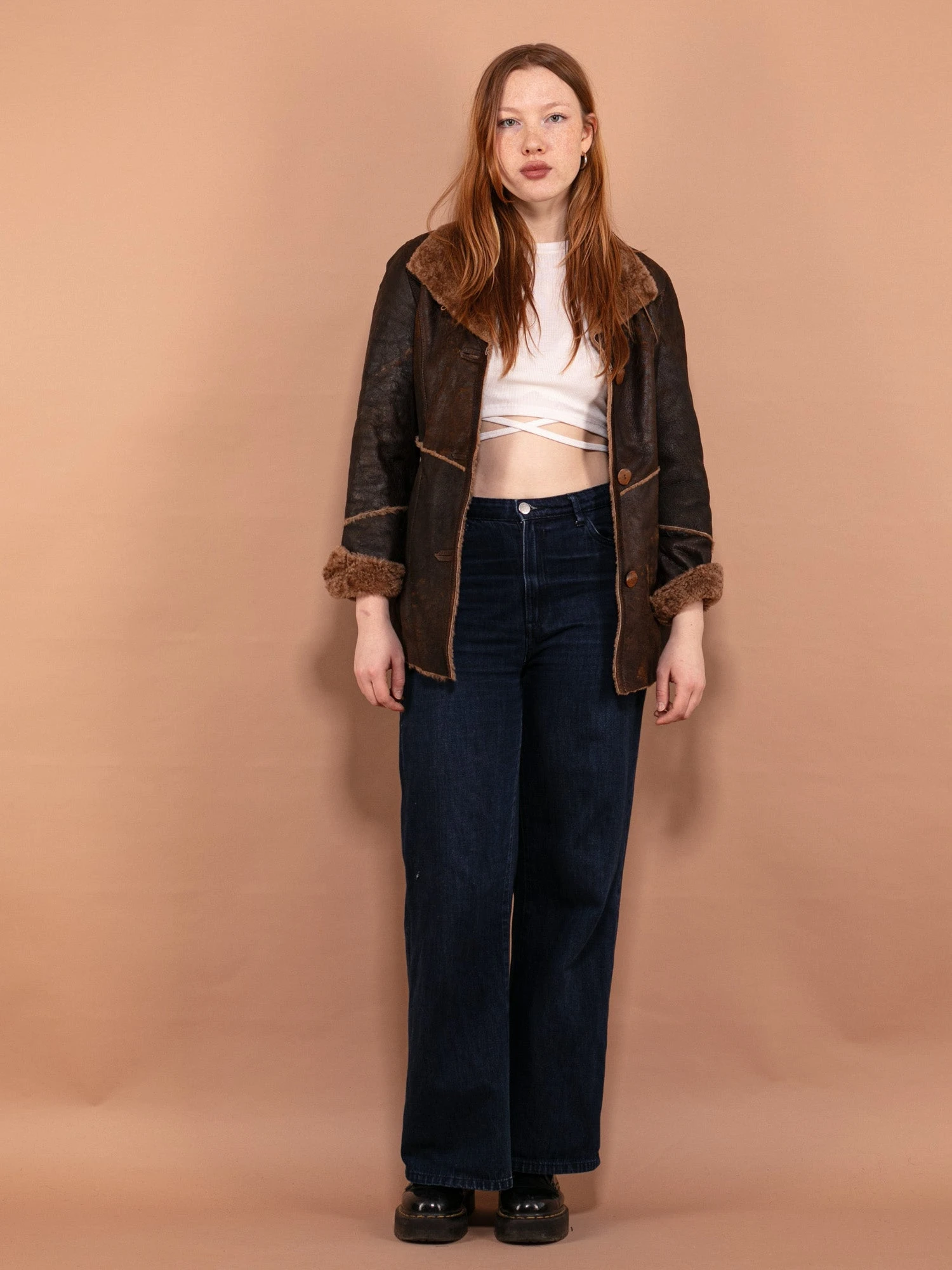 Vintage 90's Women Distressed Sheepskin Jacket In Brown 1 Vintage 90's Women Distressed Sheepskin Jacket In Brown